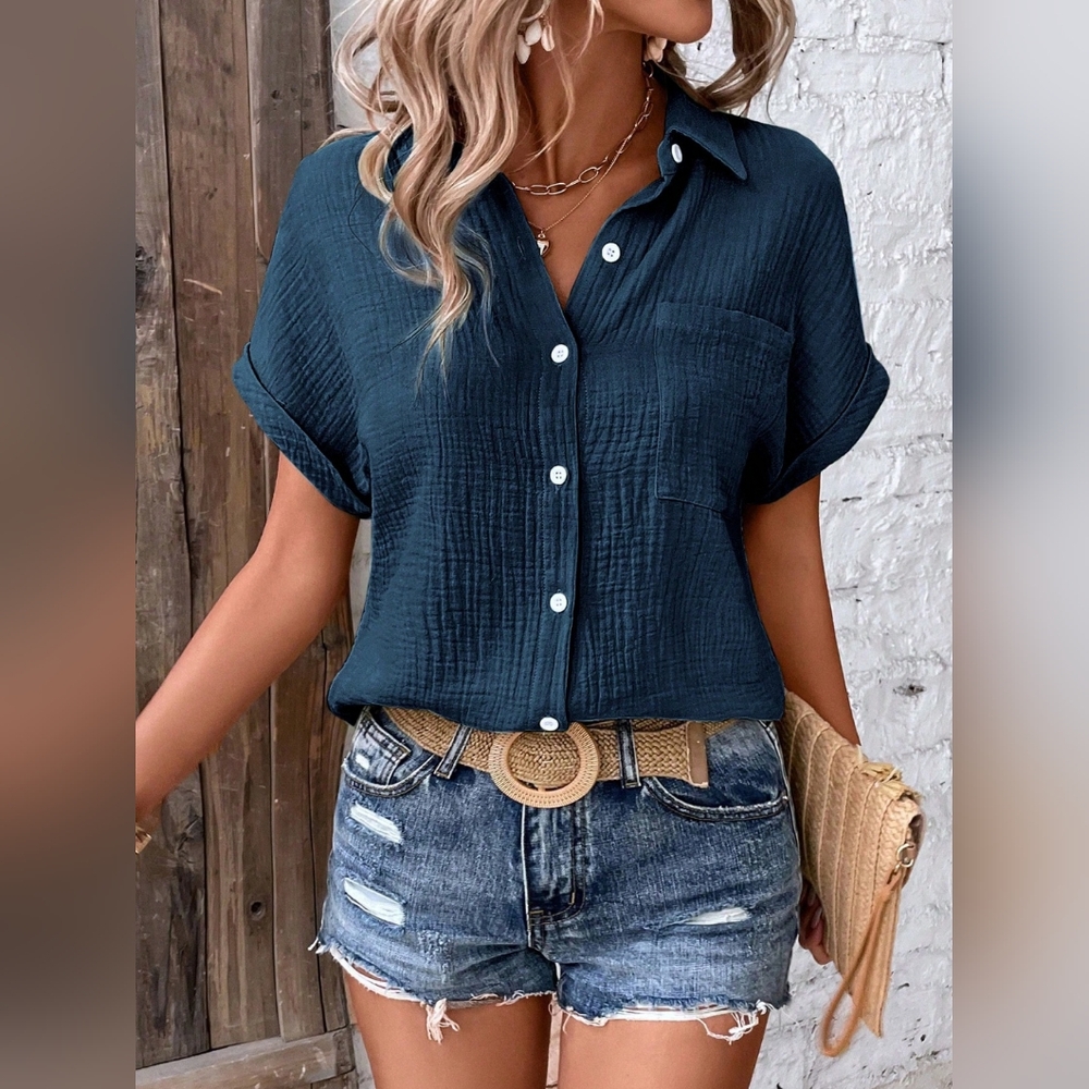 NWT - Boutique - Cotton Dark Blue Textured Button Up Short Sleeve Shirt - Size L - Picture 3 of 13